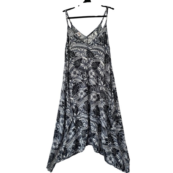 Makai Beach Hawaii Sharkbite Dress Womens XL Black White Tropical Rayon V-Neck - Picture 2 of 8